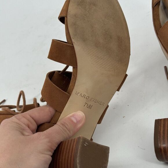 Marc Fisher Suede Lace-up Block Heel Sandals: Paradox Cognac Size 7.5 - Picture 7 of 8